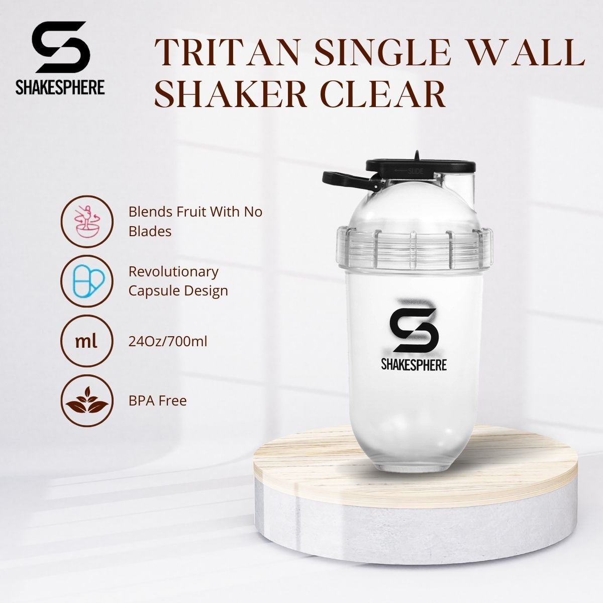 ShakeSphere Tumbler View Protein Shaker Bottle with Side Window, 24oz, Gun Metal