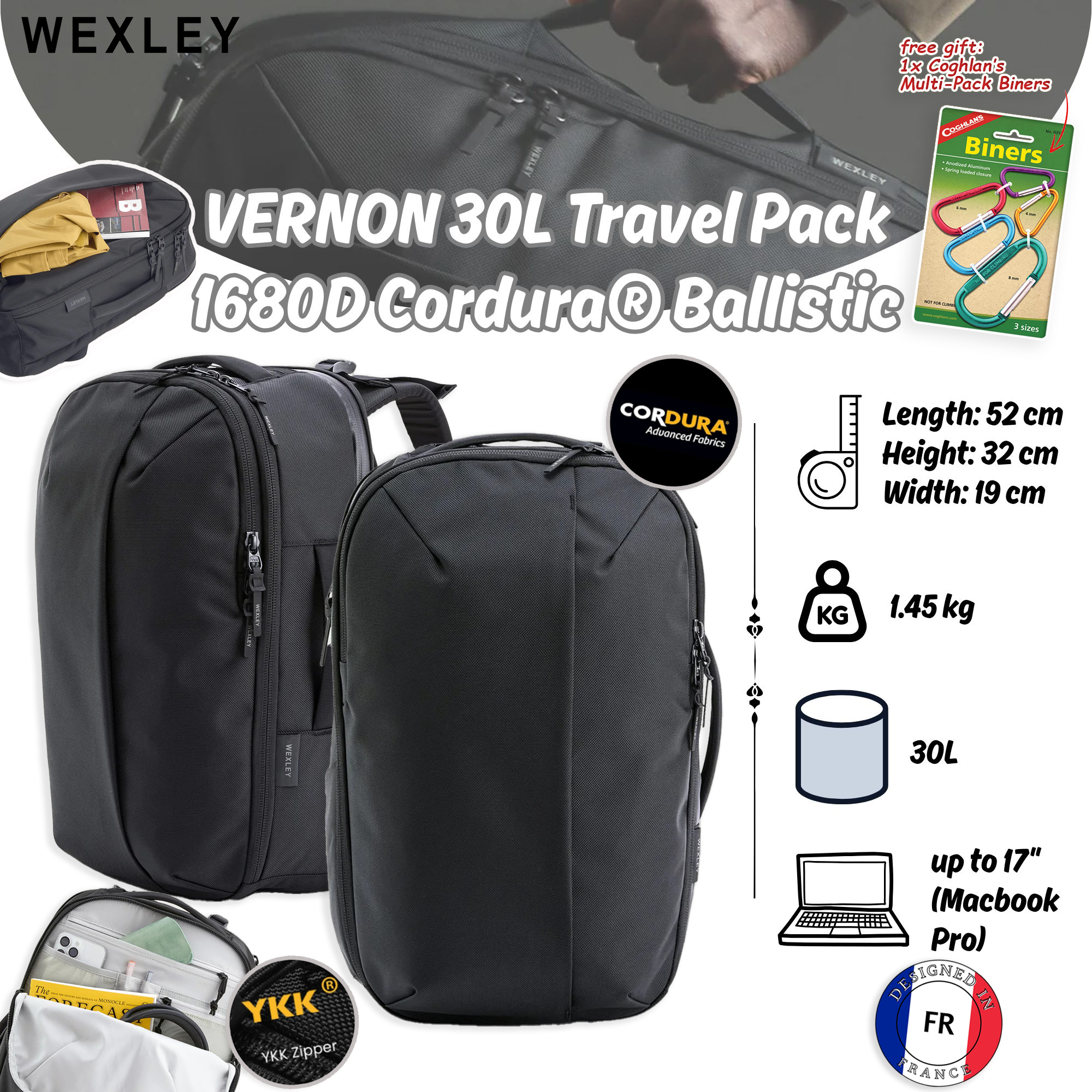 WEXLEY VERNON 30L Travel Pack 1680D Cordura Ballistic | Travel Backpack | Laptop Backpack