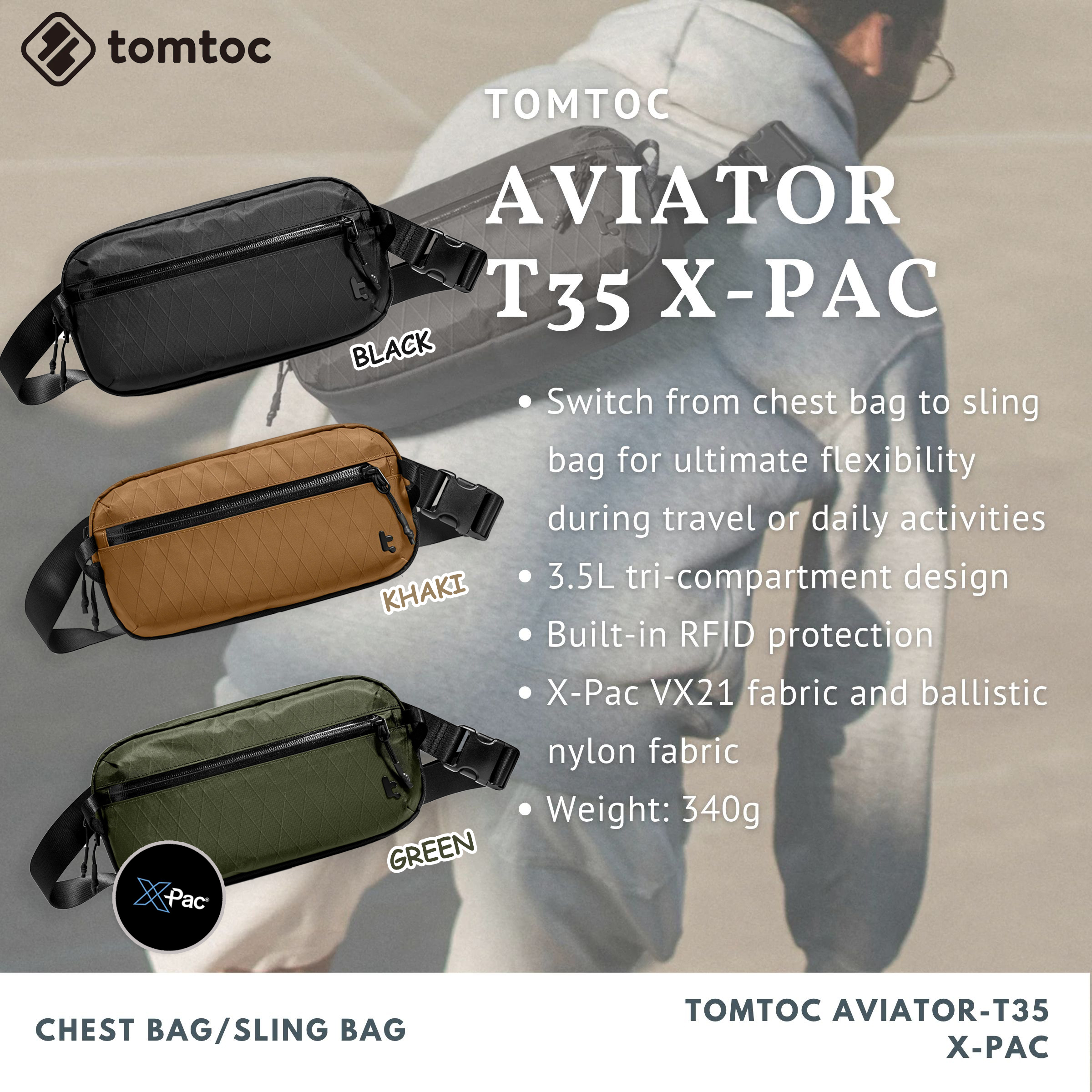 Tomtoc Aviator-T35 X-Pac 3.5L | Chest Bag | Crossbody Bag