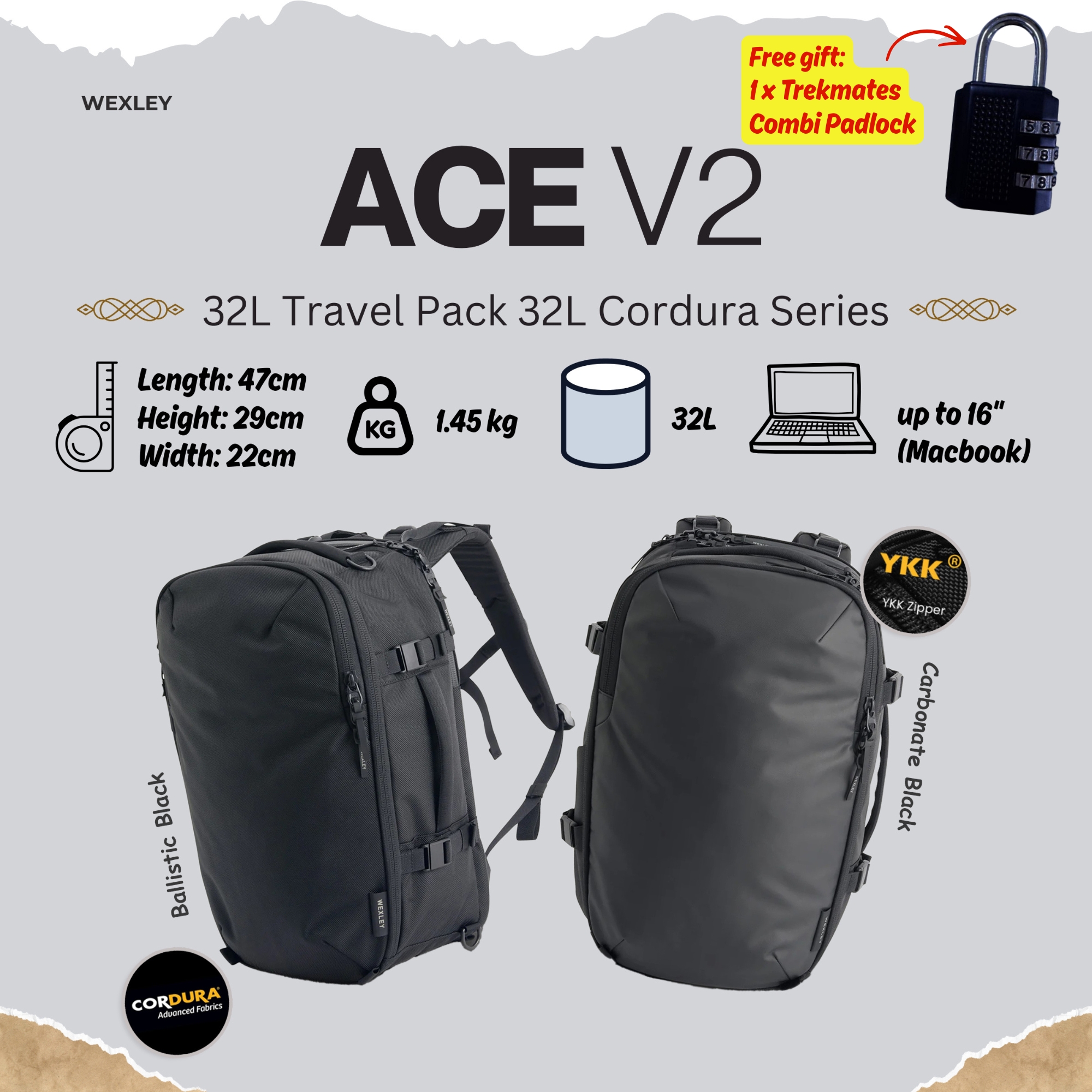 WEXLEY ACE V2 32L Travel Pack 1680D Cordura Series | Travel Backpack | Laptop Backpack