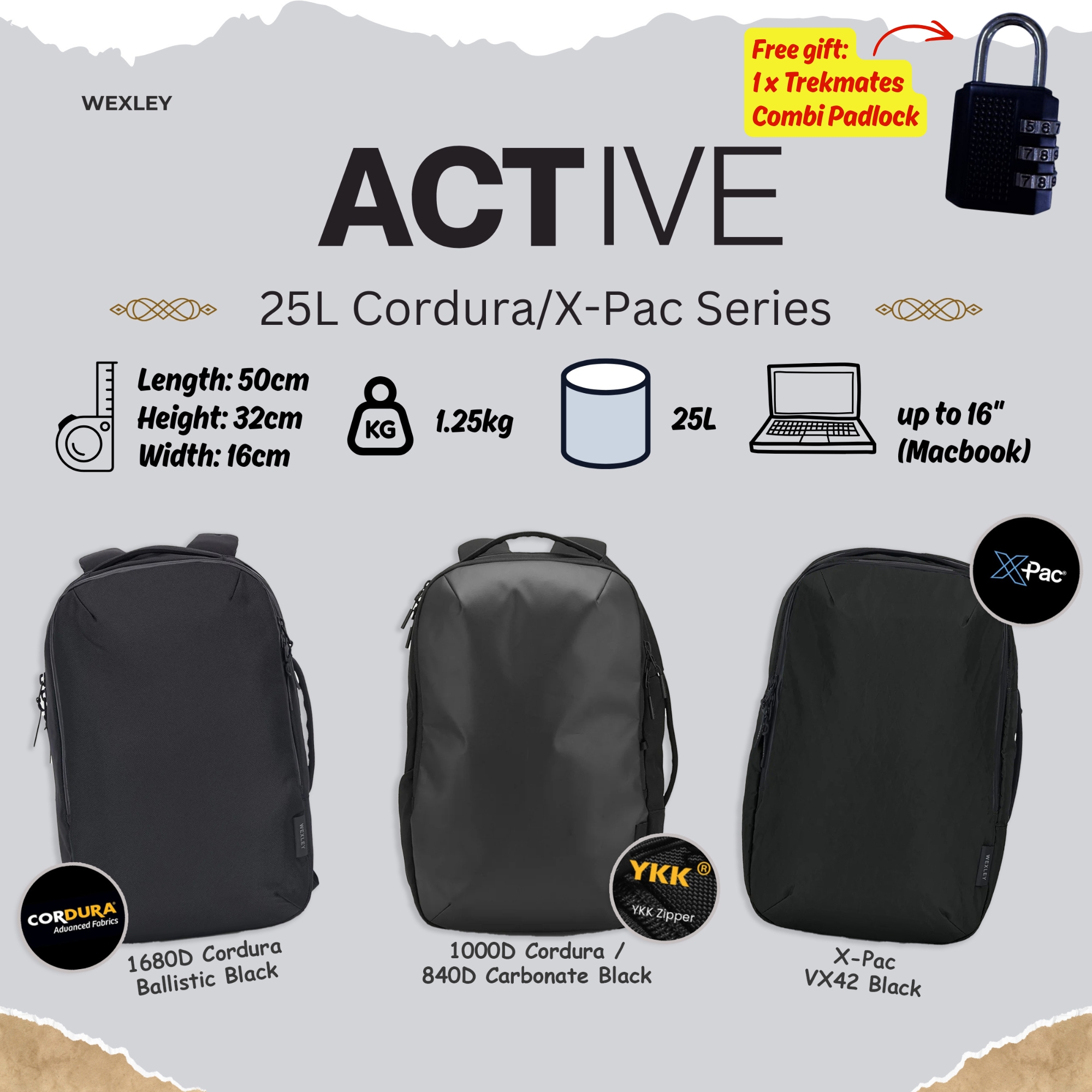 WEXLEY ACTIVE 25L Pro Pack Cordura/X-Pac Series | Travel Backpack | Laptop Backpack