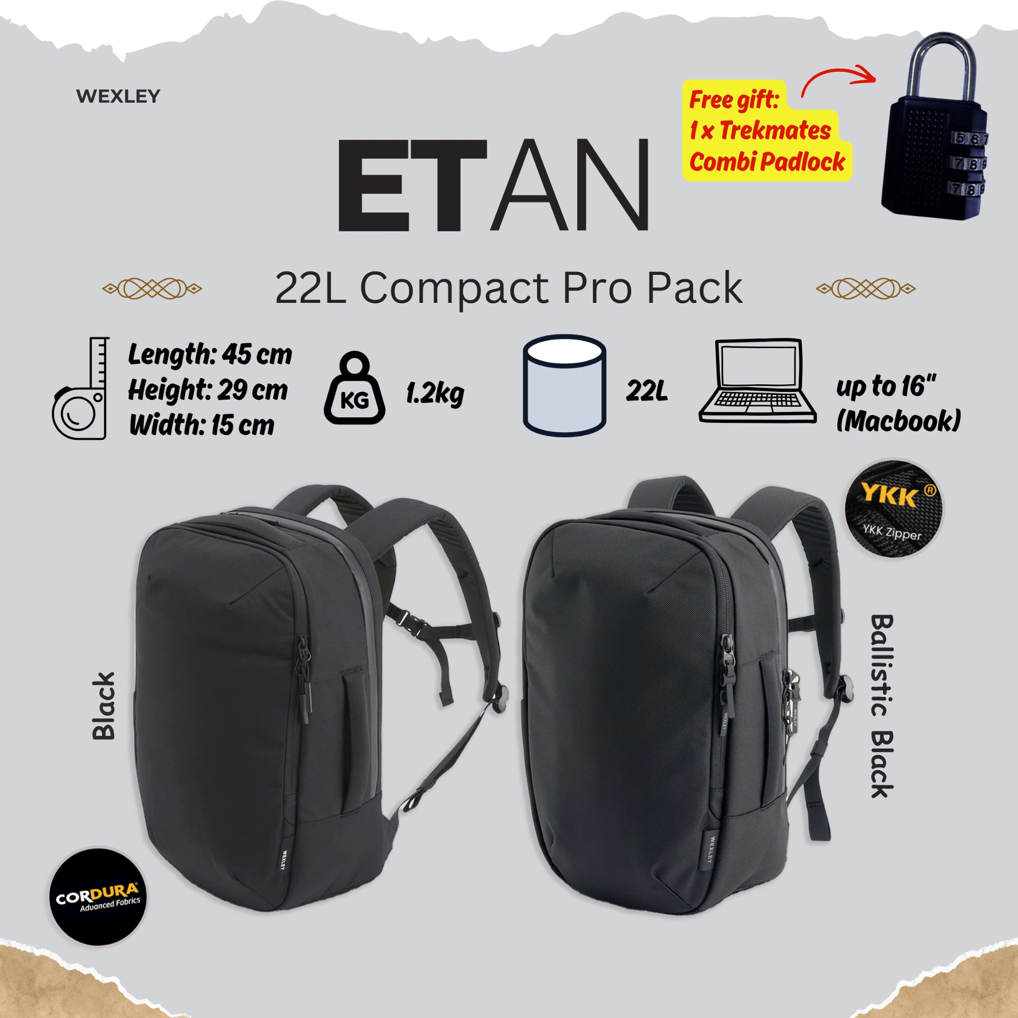 WEXLEY ETAN 22L Compact Pro Pack 1680D Cordura Series | Travel Backpack | Laptop Backpack