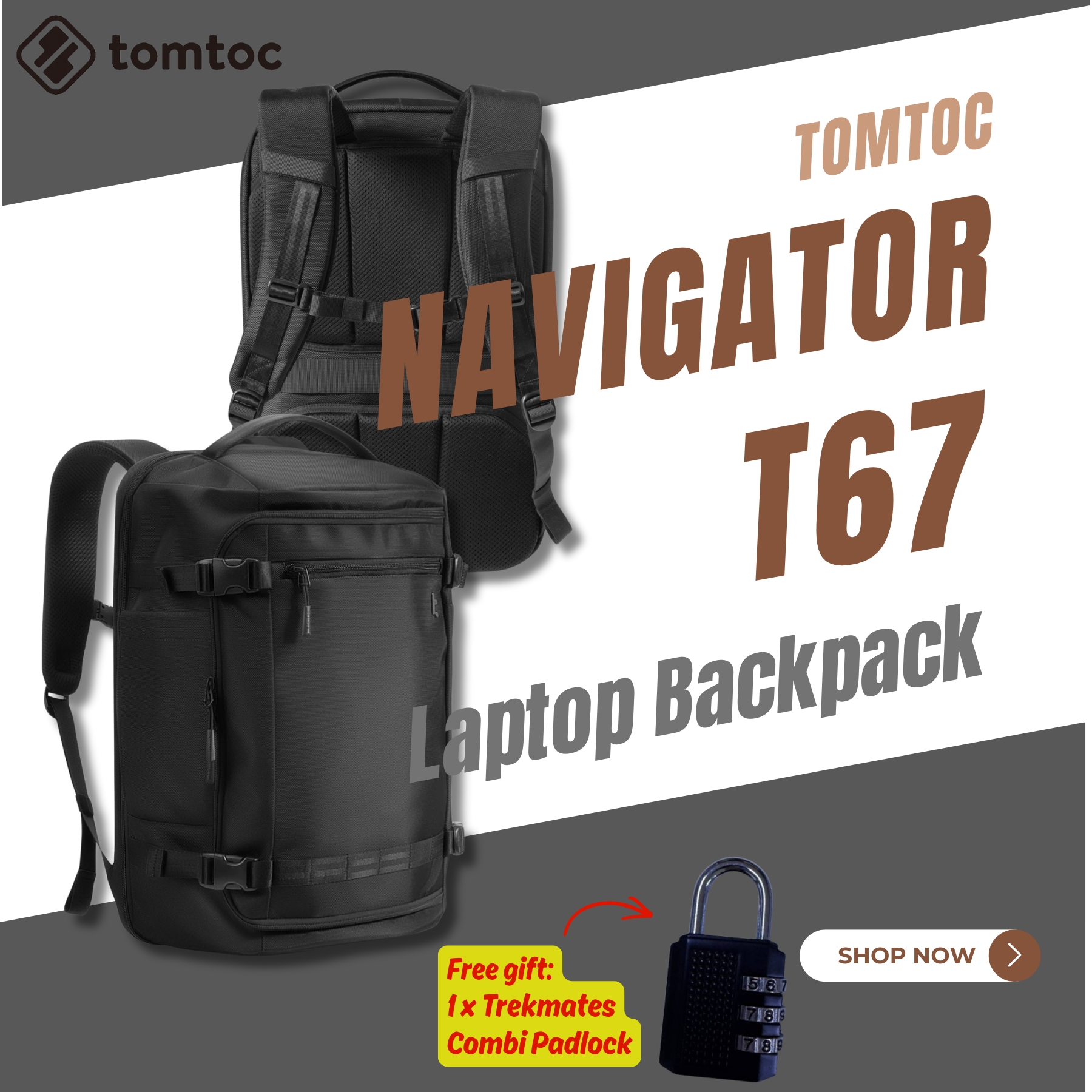 Tomtoc Navigator-T67 Travel Laptop Backpack | Laptop Bag (Black)