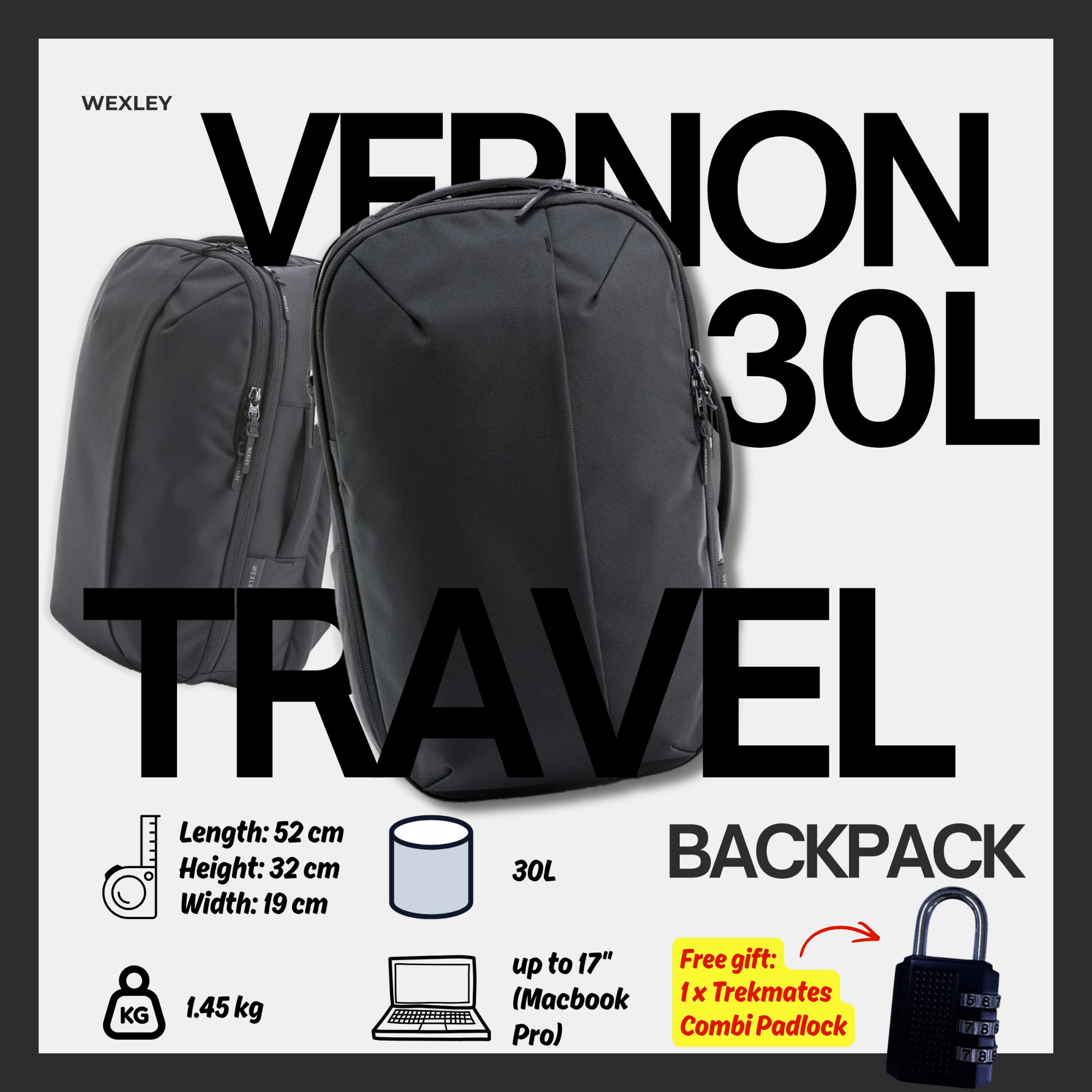 WEXLEY VERNON 30L Travel Pack 1680D Cordura Ballistic | Travel Backpack | Laptop Backpack