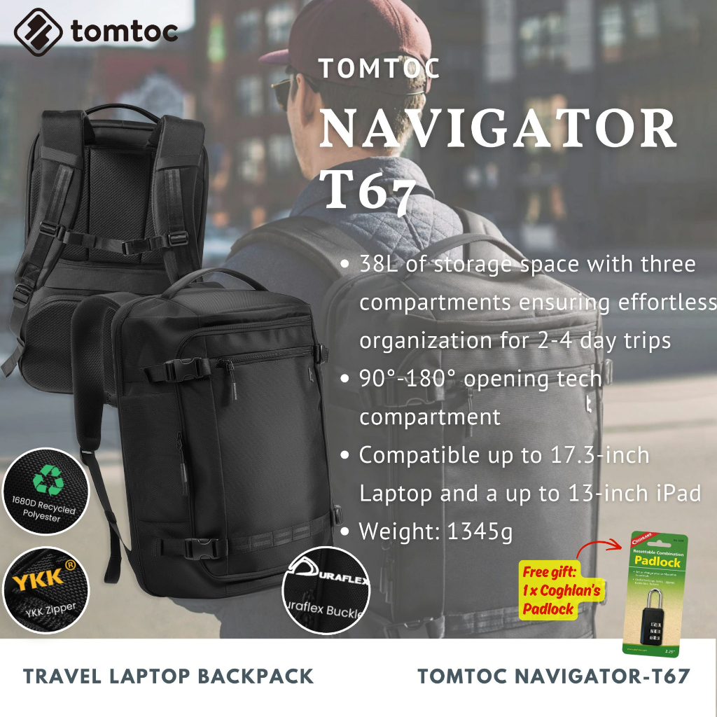 Tomtoc Navigator-T67 Travel Laptop Backpack | Laptop Bag (Black)
