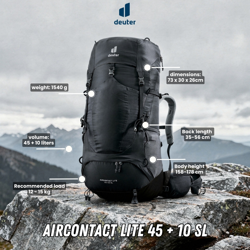 Deuter Aircontact Lite 45 + 10 SL | Trekking Backpack (Black-Graphite)